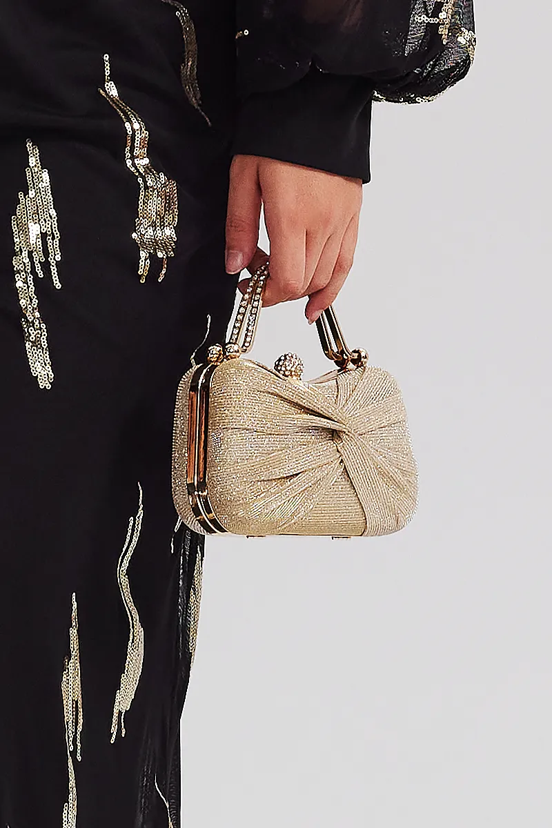 Curveins Gold Glitter Fabric Ruched Design Rhinestone Embellished Evening Bag