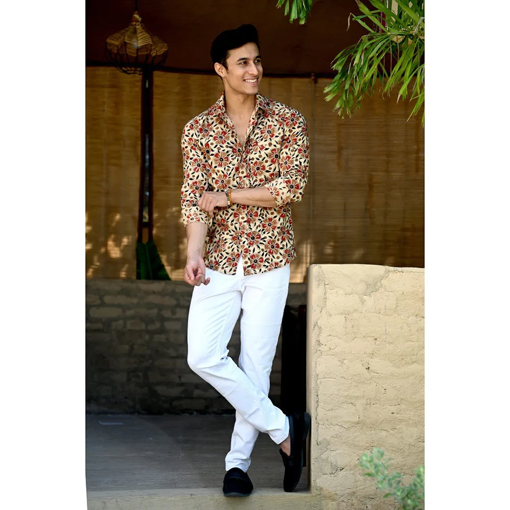 Hatheli Beige Hand Block Printed Cotton Shirt