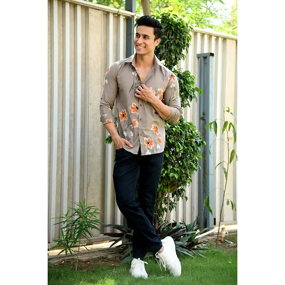 Hatheli Brown Floral Hand Paint Cotton Shirt