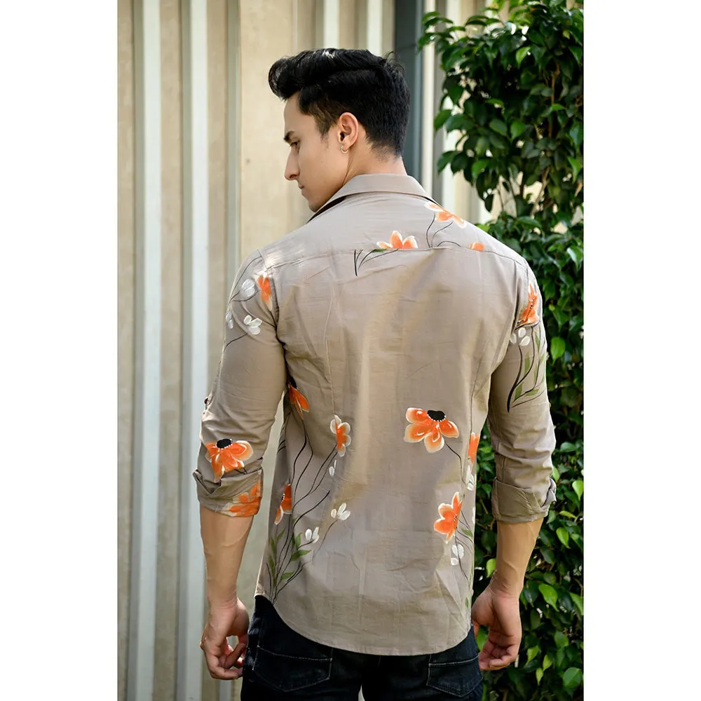 Hatheli Brown Floral Hand Paint Cotton Shirt