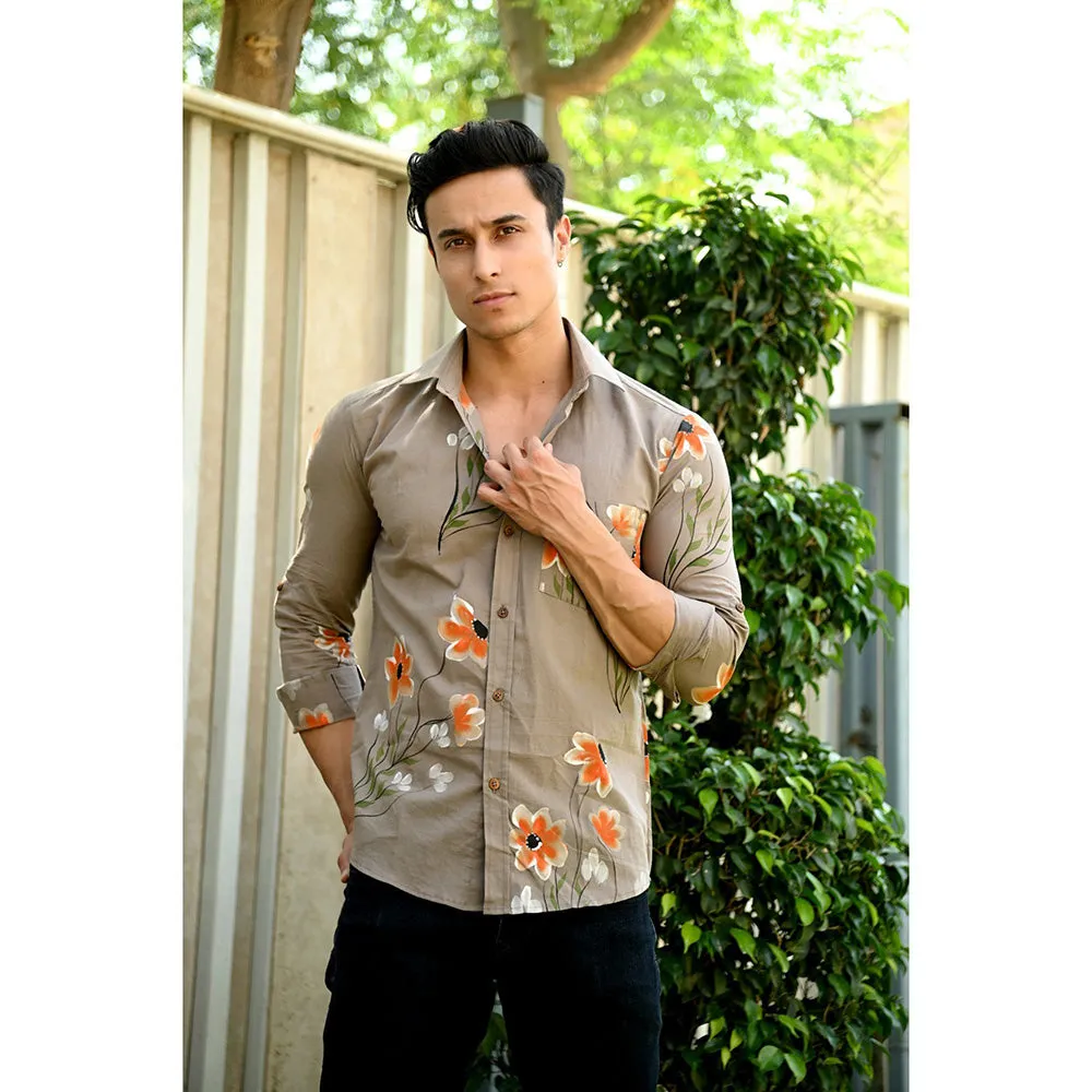 Hatheli Brown Floral Hand Paint Cotton Shirt