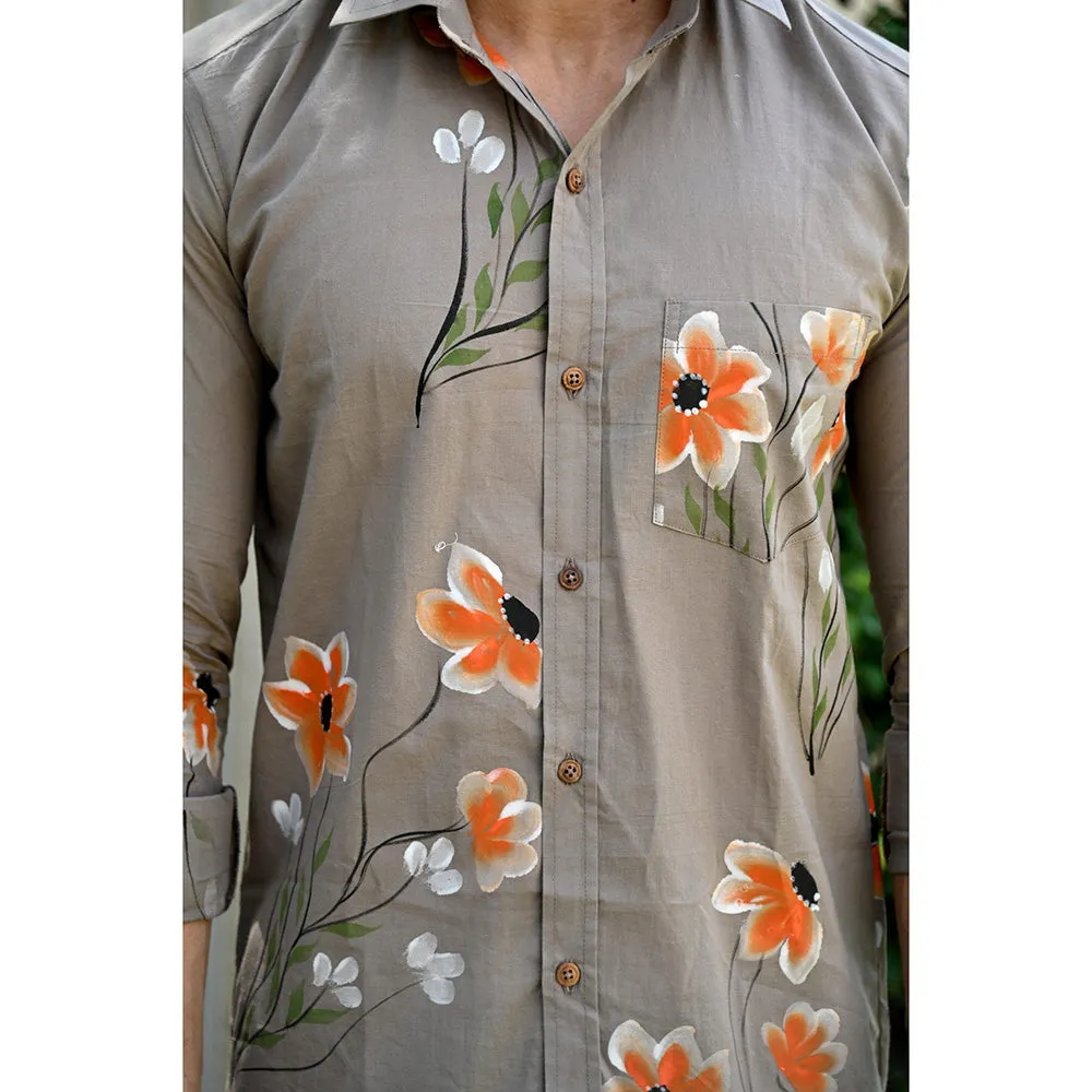 Hatheli Brown Floral Hand Paint Cotton Shirt
