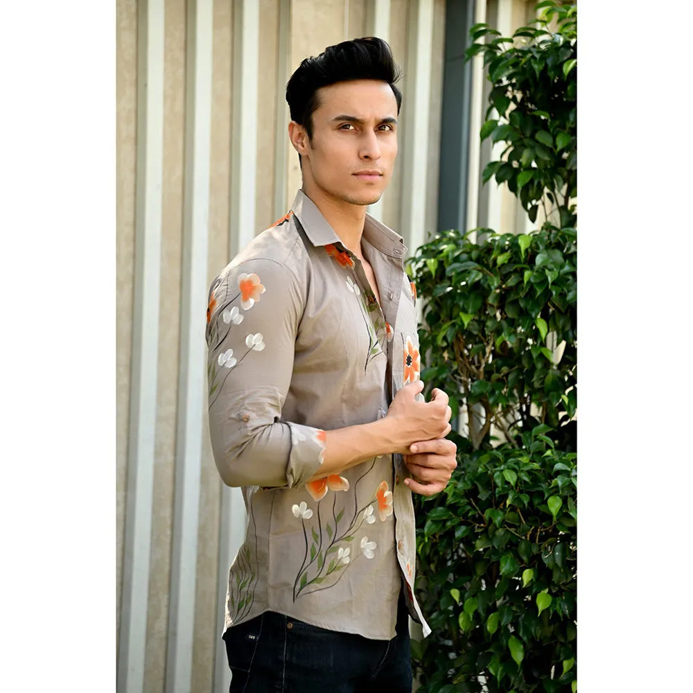 Hatheli Brown Floral Hand Paint Cotton Shirt