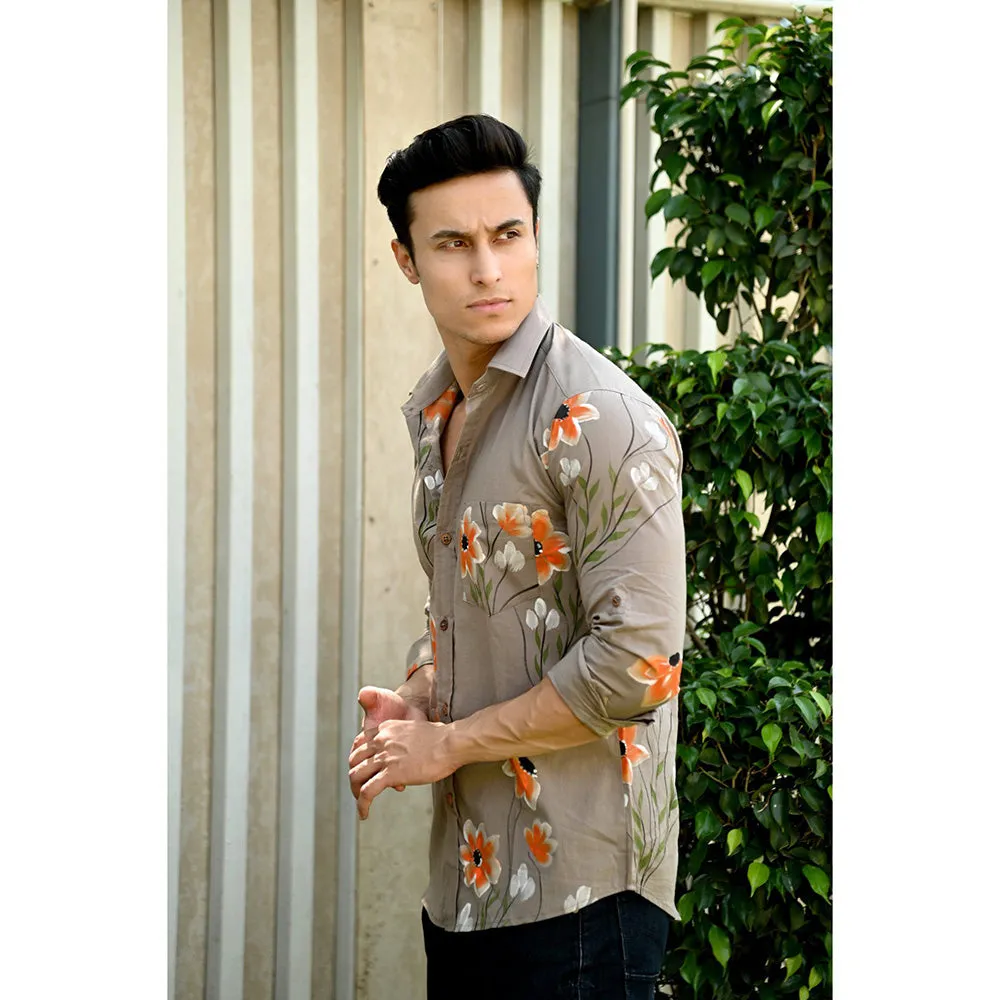 Hatheli Brown Floral Hand Paint Cotton Shirt