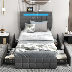 KOMFOTT Bed Frame with LED Lights and 4 Drawers, Upholstered Platform Bed Frame with USB Ports