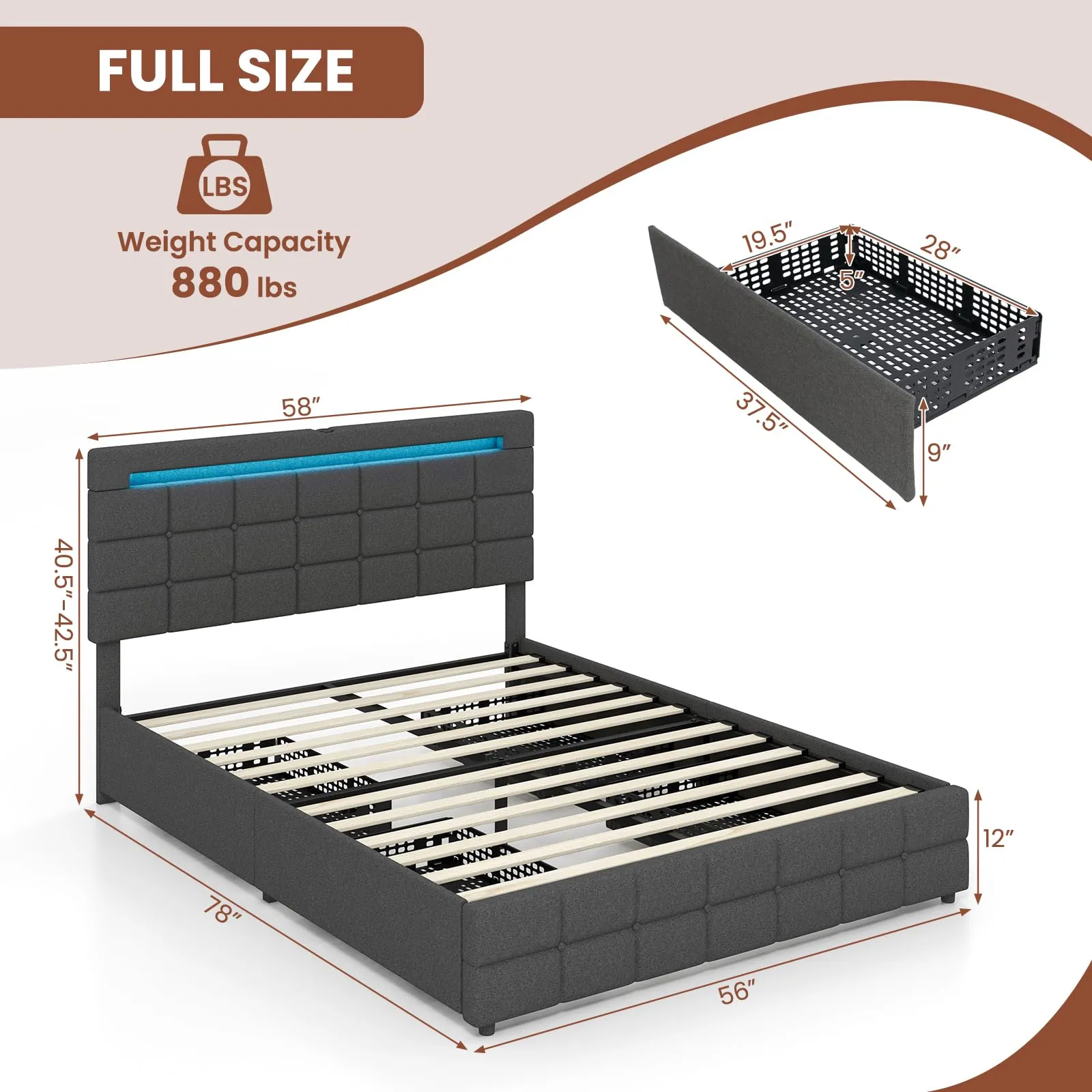 KOMFOTT Bed Frame with LED Lights and 4 Drawers, Upholstered Platform Bed Frame with USB Ports