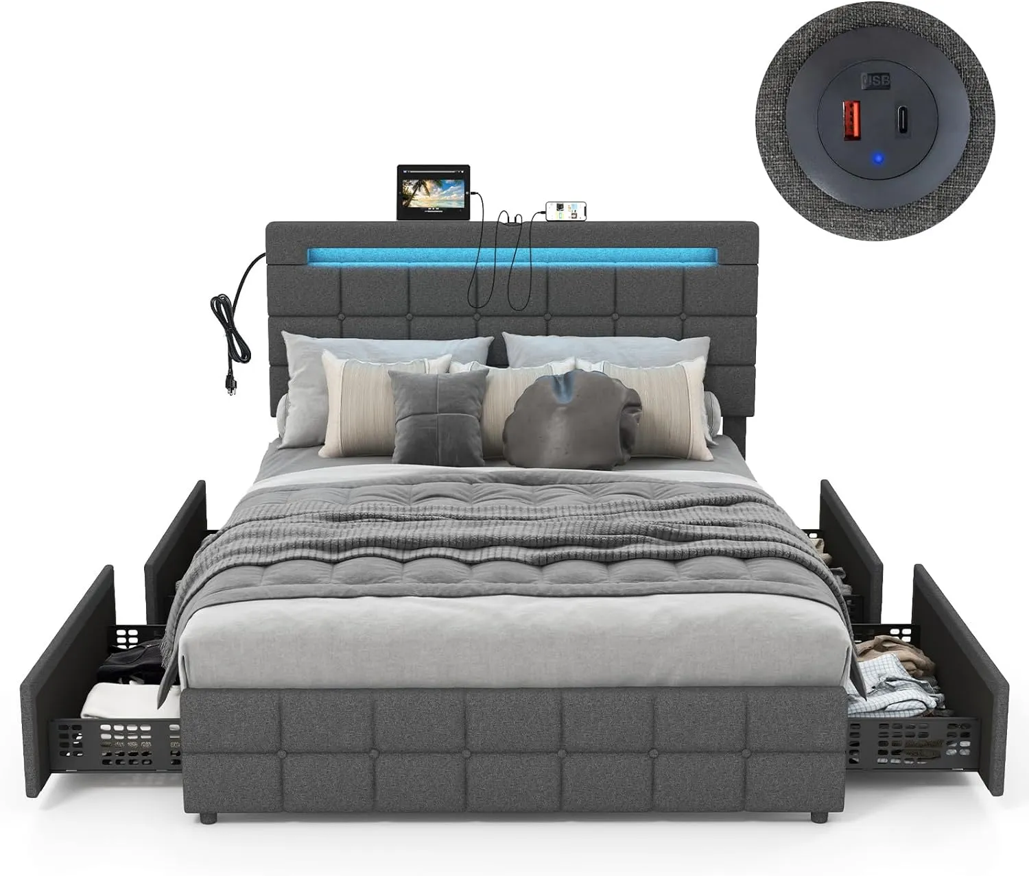 KOMFOTT Bed Frame with LED Lights and 4 Drawers, Upholstered Platform Bed Frame with USB Ports
