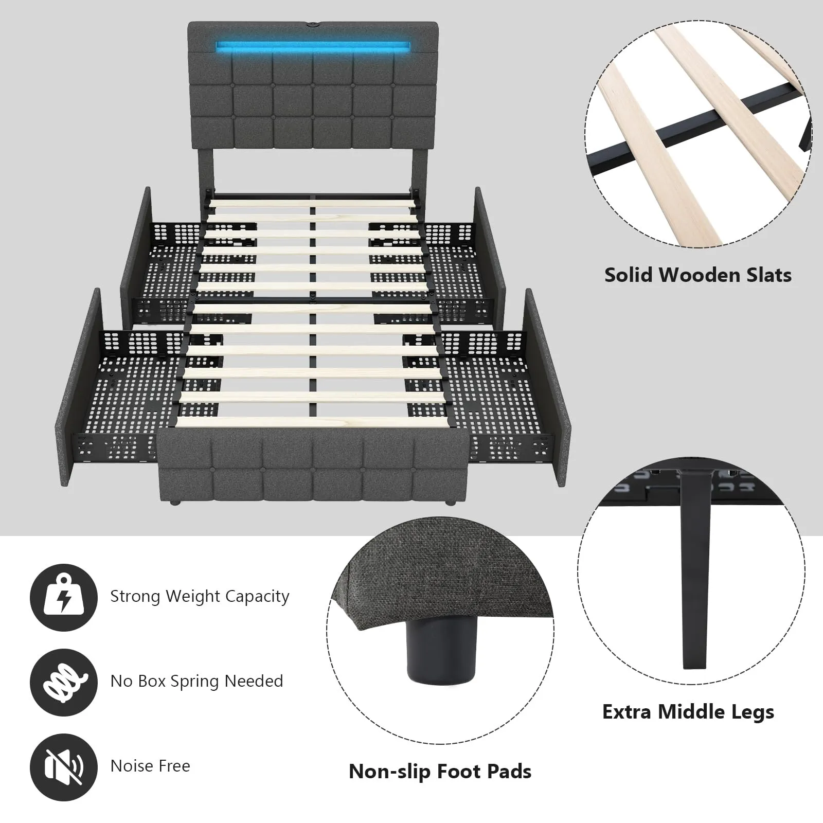 KOMFOTT Bed Frame with LED Lights and 4 Drawers, Upholstered Platform Bed Frame with USB Ports