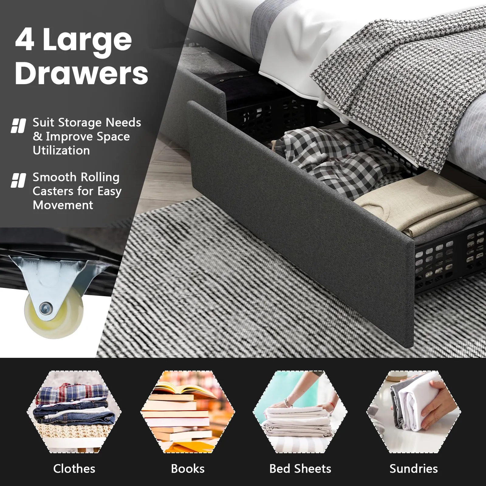 KOMFOTT Bed Frame with LED Lights and 4 Drawers, Upholstered Platform Bed Frame with USB Ports