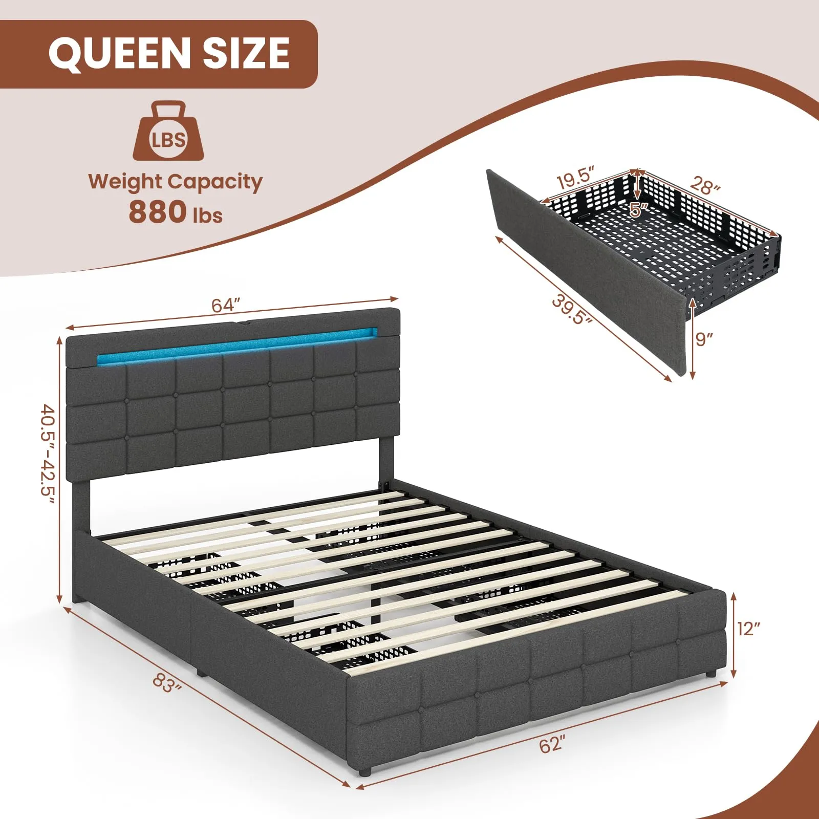 KOMFOTT Bed Frame with LED Lights and 4 Drawers, Upholstered Platform Bed Frame with USB Ports