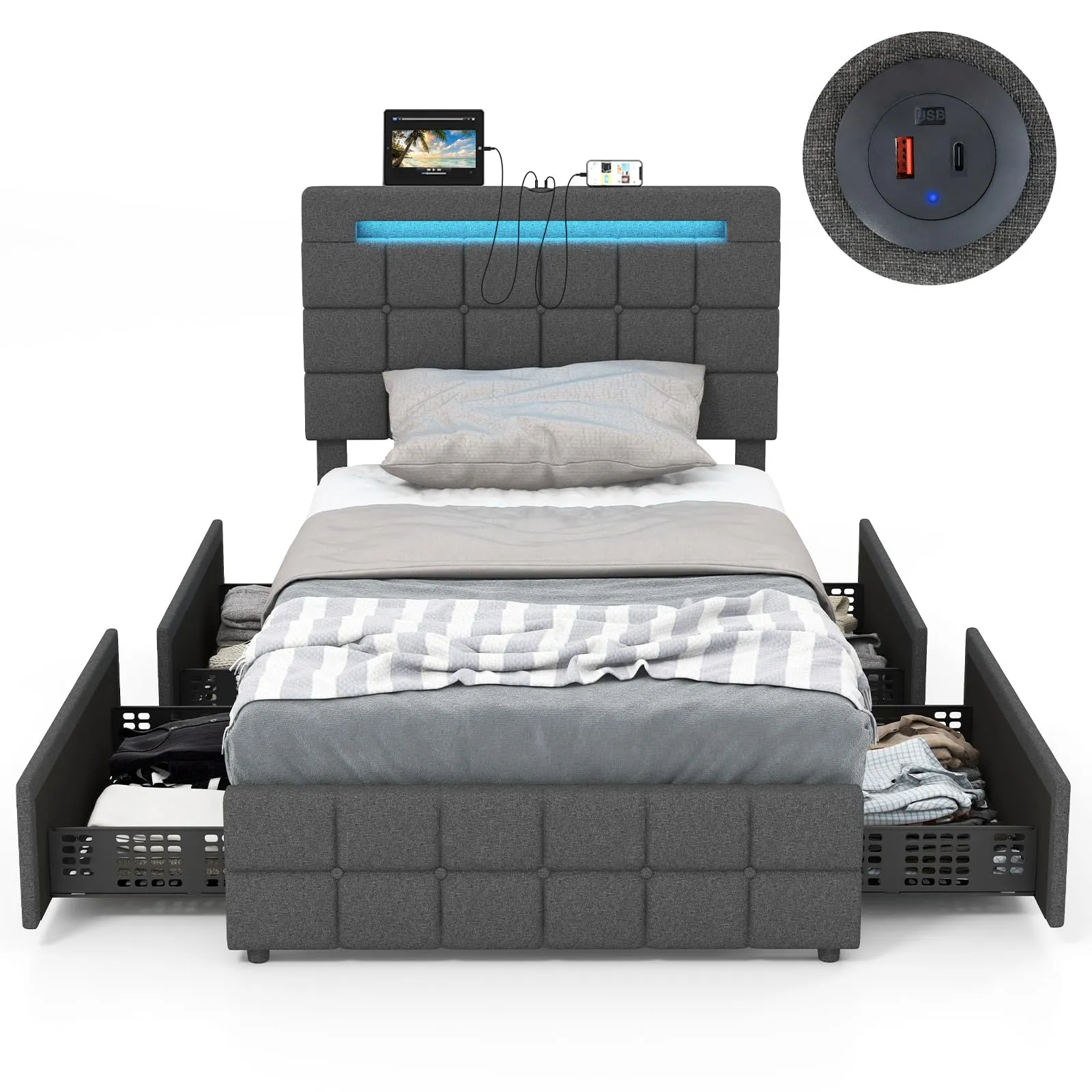 KOMFOTT Bed Frame with LED Lights and 4 Drawers, Upholstered Platform Bed Frame with USB Ports