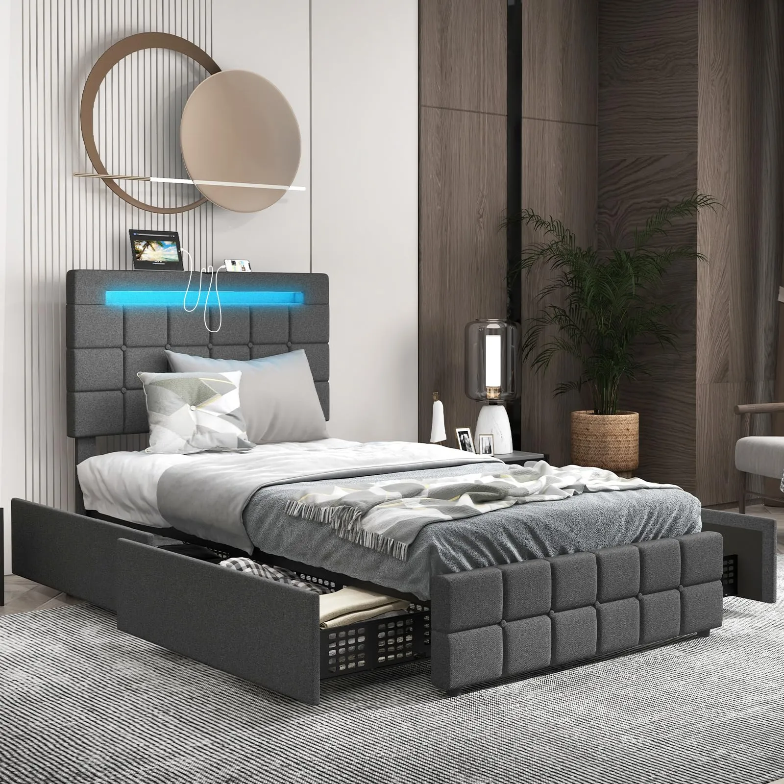 KOMFOTT Bed Frame with LED Lights and 4 Drawers, Upholstered Platform Bed Frame with USB Ports