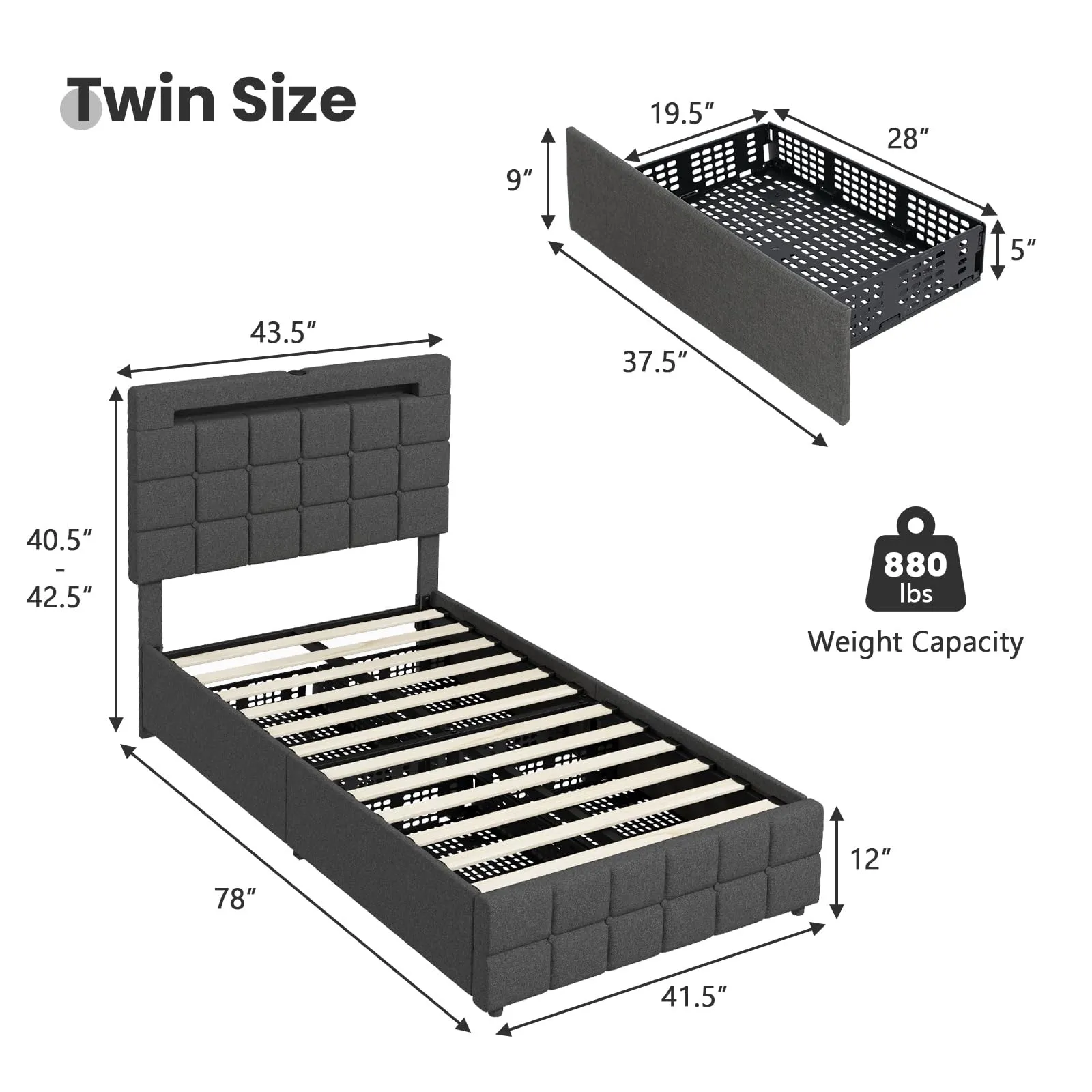 KOMFOTT Bed Frame with LED Lights and 4 Drawers, Upholstered Platform Bed Frame with USB Ports