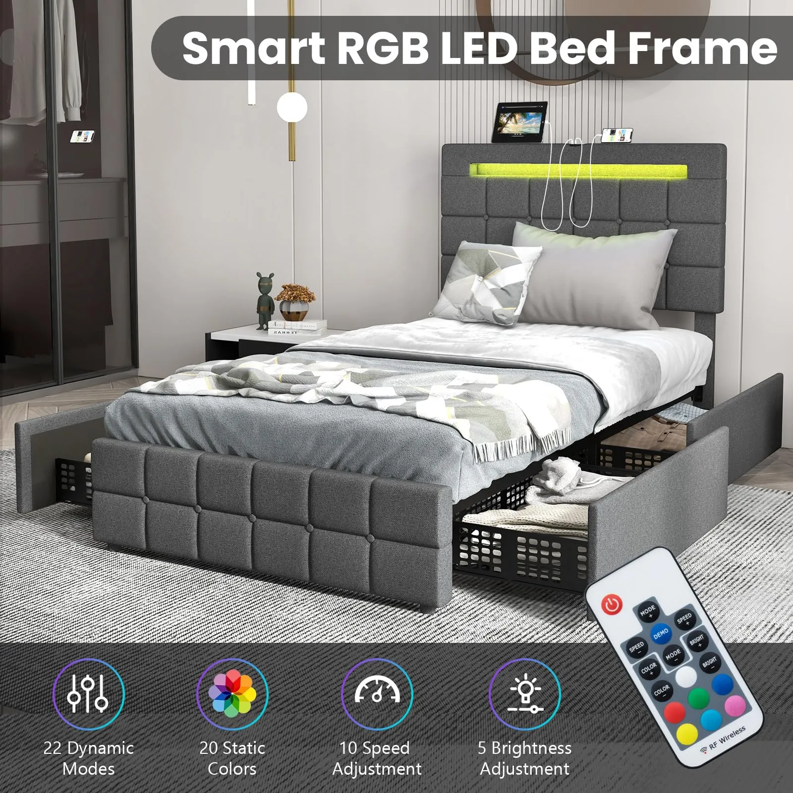 KOMFOTT Bed Frame with LED Lights and 4 Drawers, Upholstered Platform Bed Frame with USB Ports