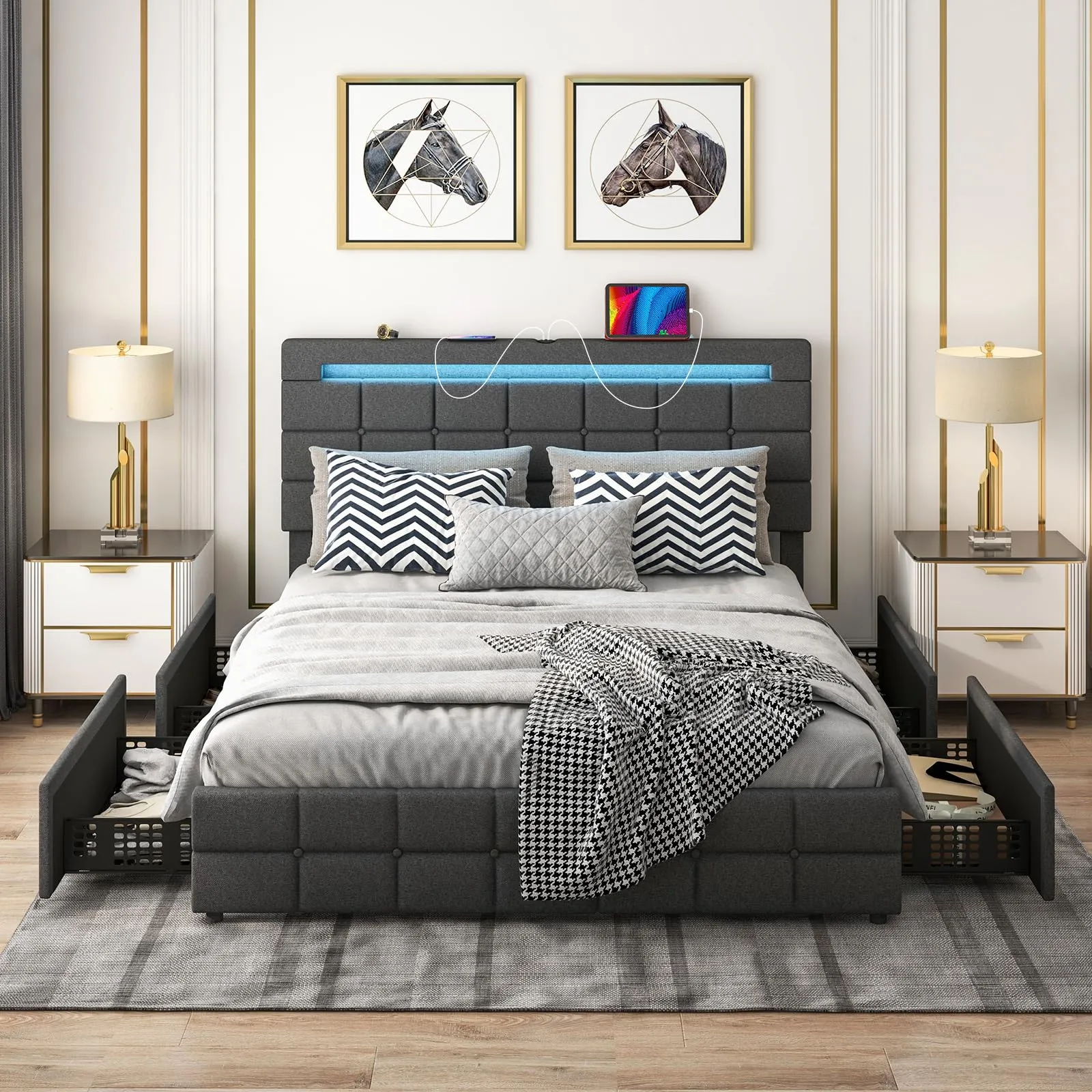 KOMFOTT Bed Frame with LED Lights and 4 Drawers, Upholstered Platform Bed Frame with USB Ports