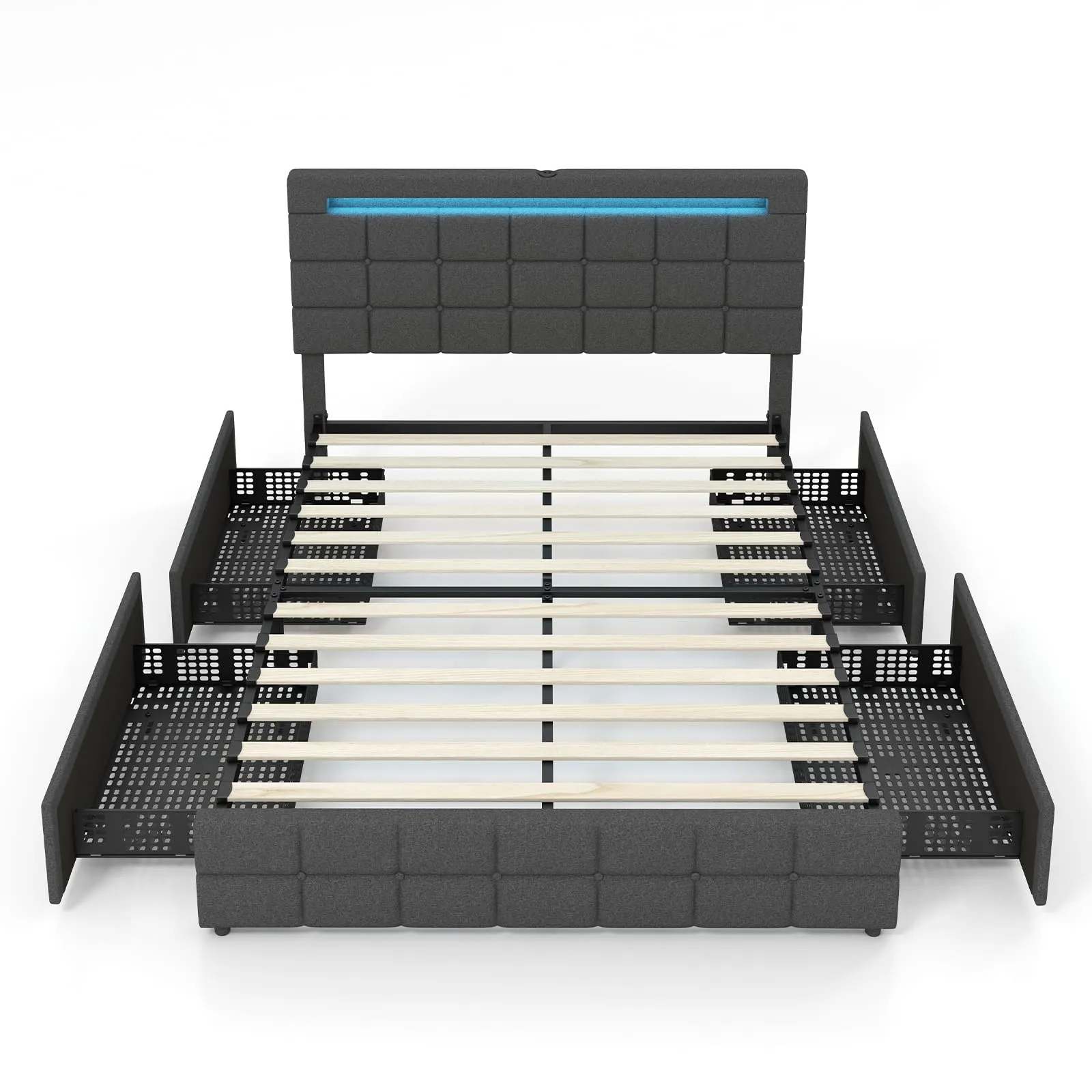KOMFOTT Bed Frame with LED Lights and 4 Drawers, Upholstered Platform Bed Frame with USB Ports