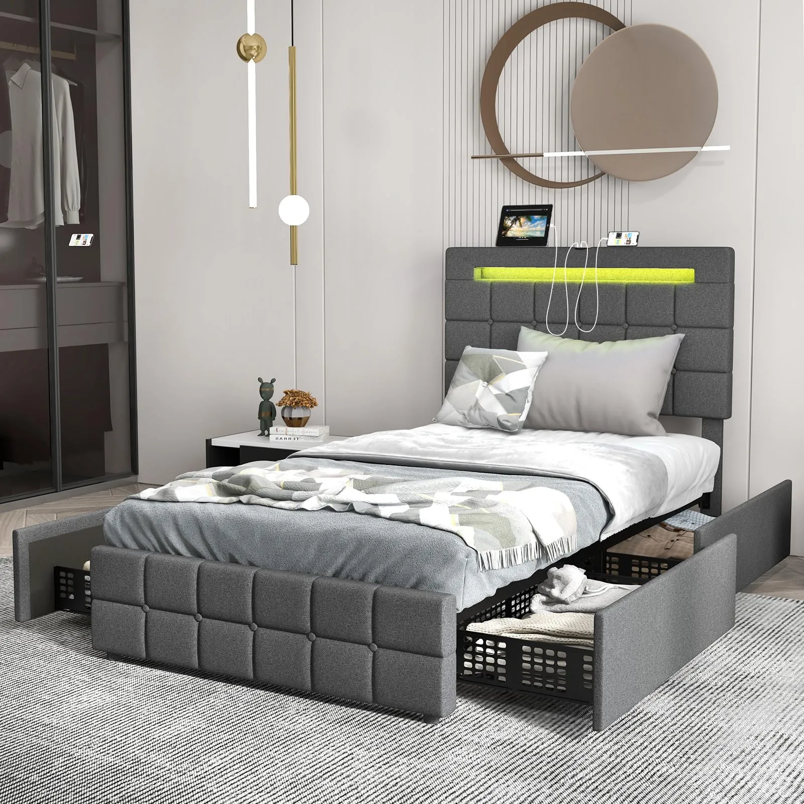 KOMFOTT Bed Frame with LED Lights and 4 Drawers, Upholstered Platform Bed Frame with USB Ports