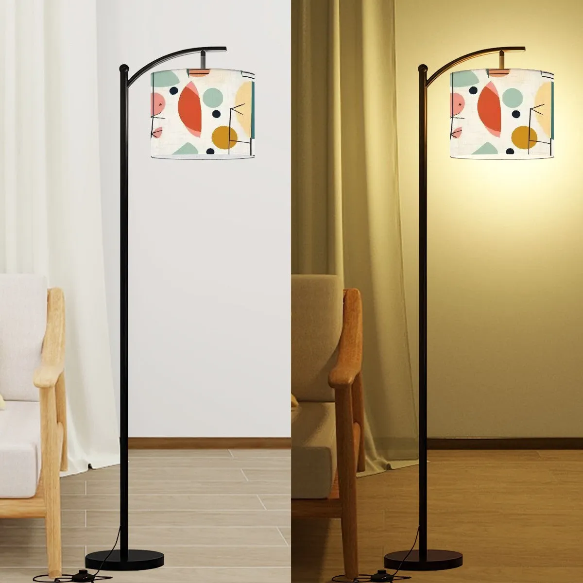 Mid Century Modern Arc Floor Lamp, Abstract Geometric Mod Design Shade