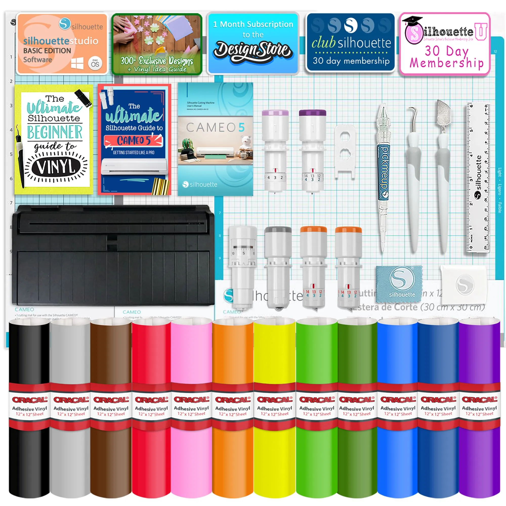 Silhouette Black Cameo 5 w/ Deluxe Blade & Tool Pack, Mat Pack, Guides, Designs