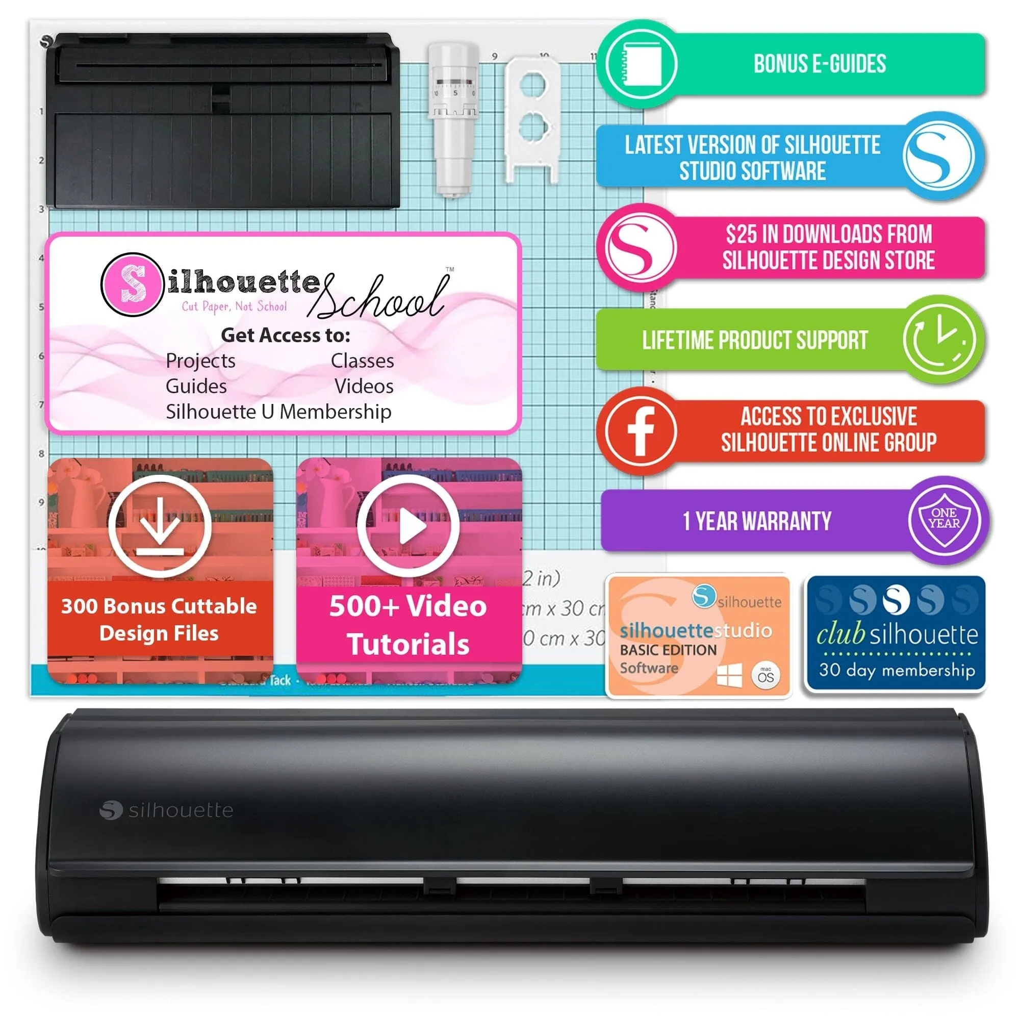 Silhouette Black Cameo 5 w/ Deluxe Blade & Tool Pack, Mat Pack, Guides, Designs