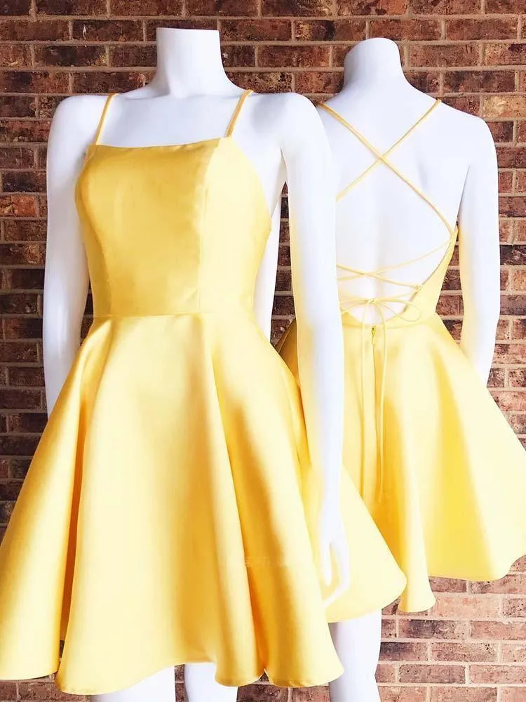 Simple A Line Cross Back Yellow Short Homecoming Dresses with Pockets  PD280